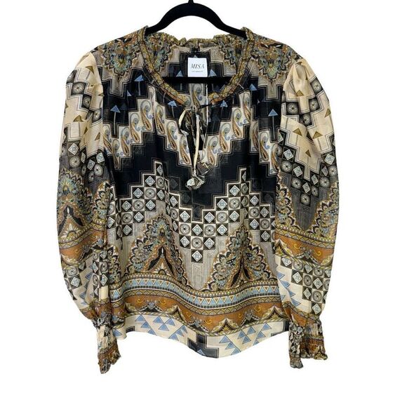 NWT Misa Los Angeles Geometric Print Sheer Peasant Siena Blouse Blue Tan Medium - Picture 3 of 8